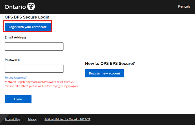 OPS BPS Secure Login Screen, users should click on login with your certificate
